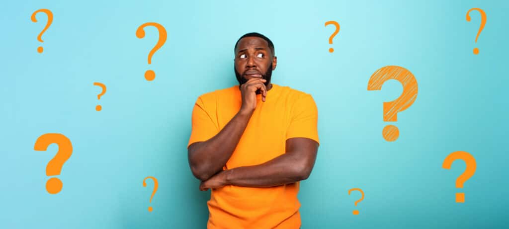 confused man thinking about common mistakes in English