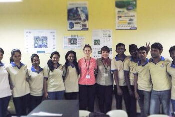 Lizzie Gayton with her students in the classroom in Sri Lanka