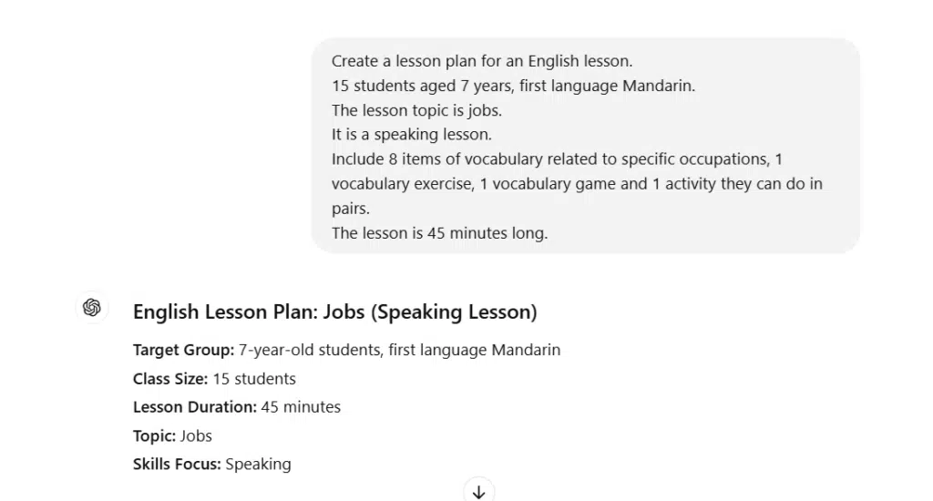 Screenshot of a GPT prompt and response